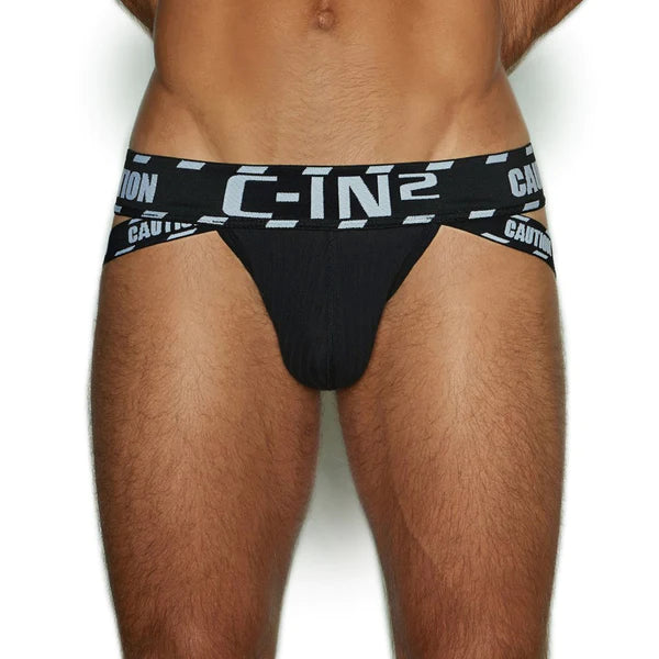 Black c-in2 branded briefs with bold white logo and patterned waistband for style and comfort in caution jock tom navy
