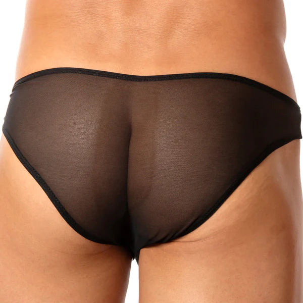 Black sheer mesh briefs with solid black elastic waistband from daddy underwear ddi010 laso bikini collection