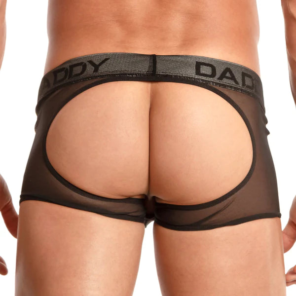 Black sheer mesh briefs with bold daddy logo waistband featured in daddy underwear dde036 assless jock article
