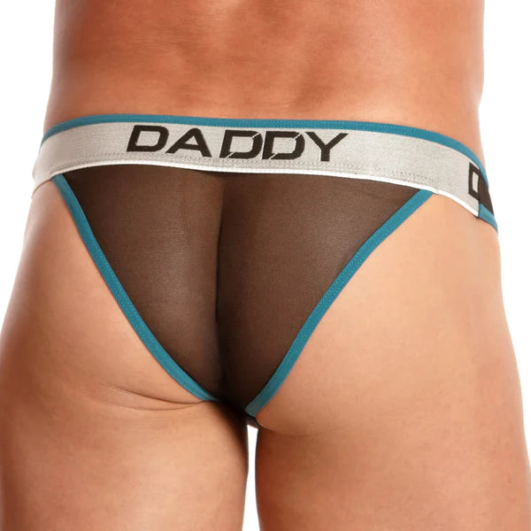 Teal and gray mesh thong with daddy branding on the waistband from daddy underwear ddi013 daddys out bikini collection