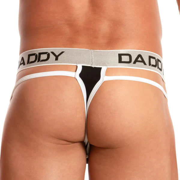 Black and white thong with gray waistband featuring daddy branding shown from the back for comfort and style