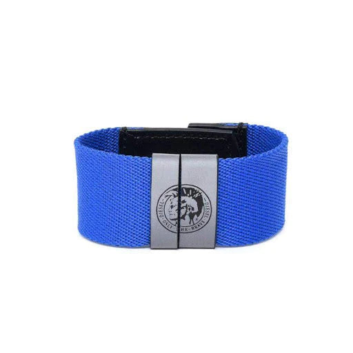 Blue woven fabric diesel a-heri bracelet wristband with silver-toned metal clasp and engraved circular emblem