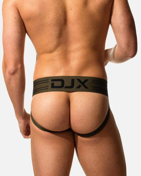 Olive green djx branded briefs with black logo and striped detailing highlighting style and comfort features
