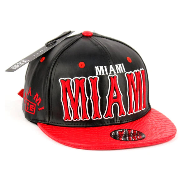 Black and red miami-themed faux leather snapback cap with bold embroidered lettering available in two colors
