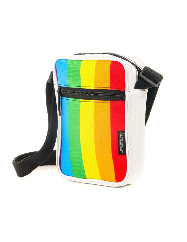A white sidekick crossbody sling bag with vibrant rainbow stripes and black zipper accents for stylish hands-free use