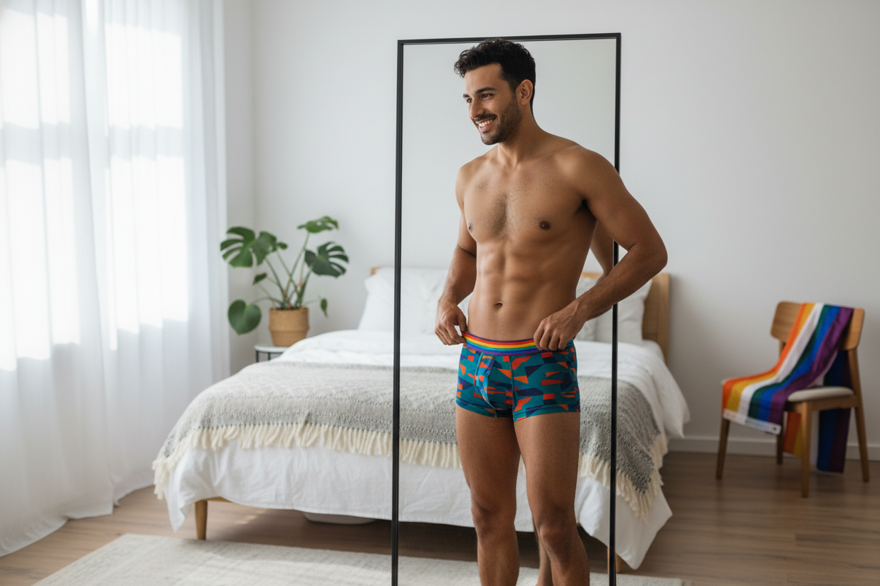 Men’s blue patterned boxer briefs with rainbow trim representing identity in gay men’s underwear fashion.
