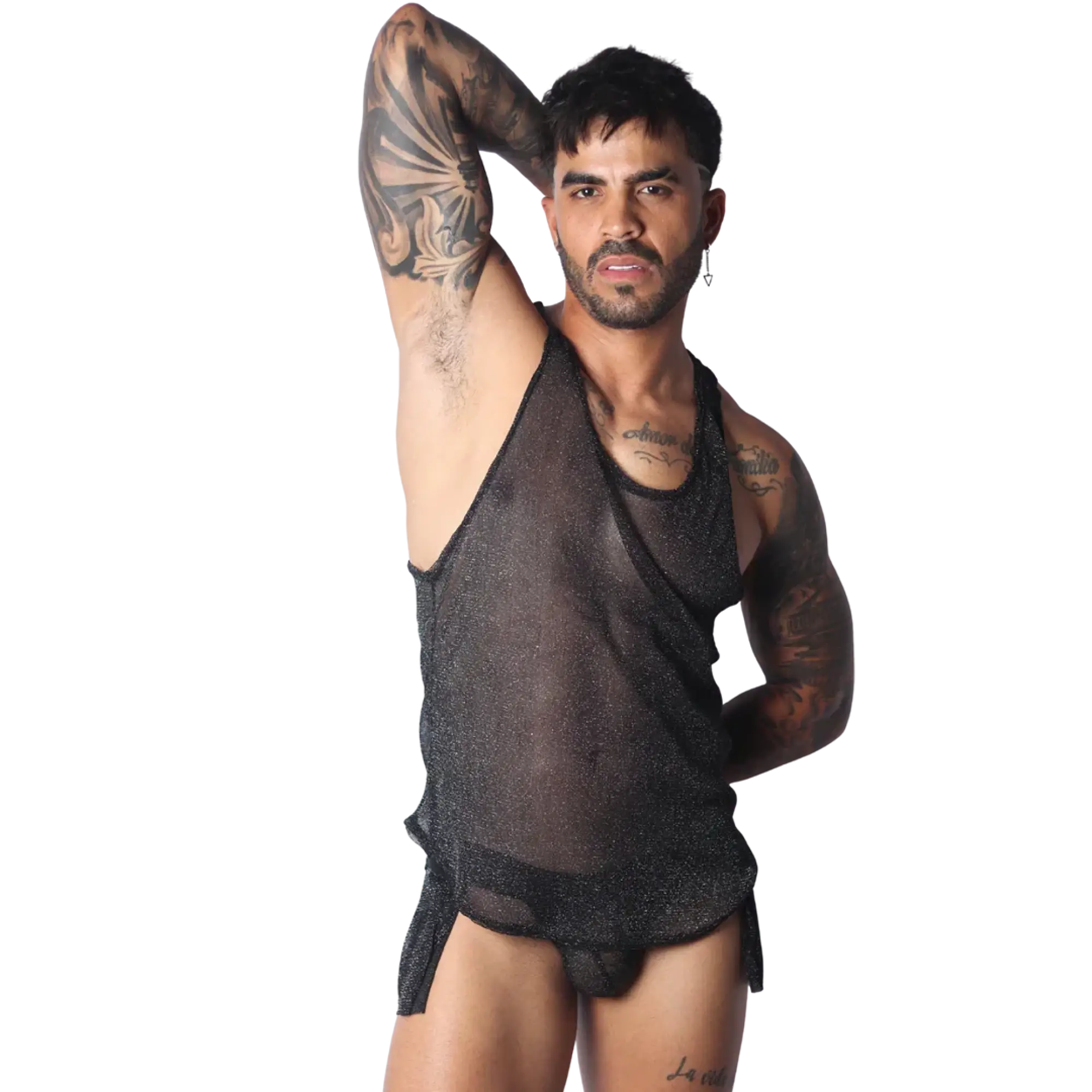 Gigo Flash black sheer mesh tank top — bold queer men's fashion for street style and runway-inspired looks
