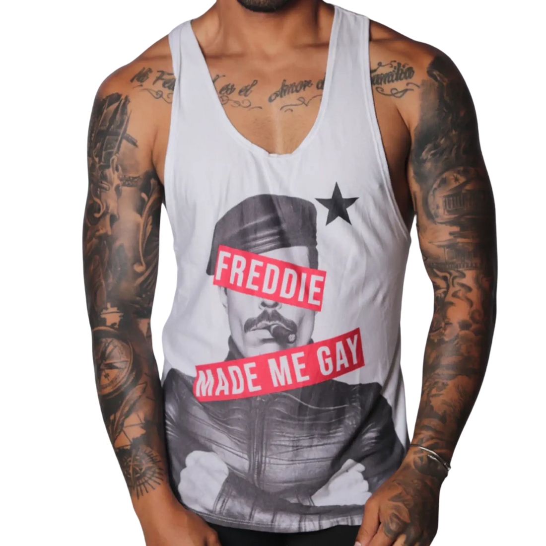 Gigo Freddie graphic tank top in white with black print — bold queer-inclusive men's fashion style