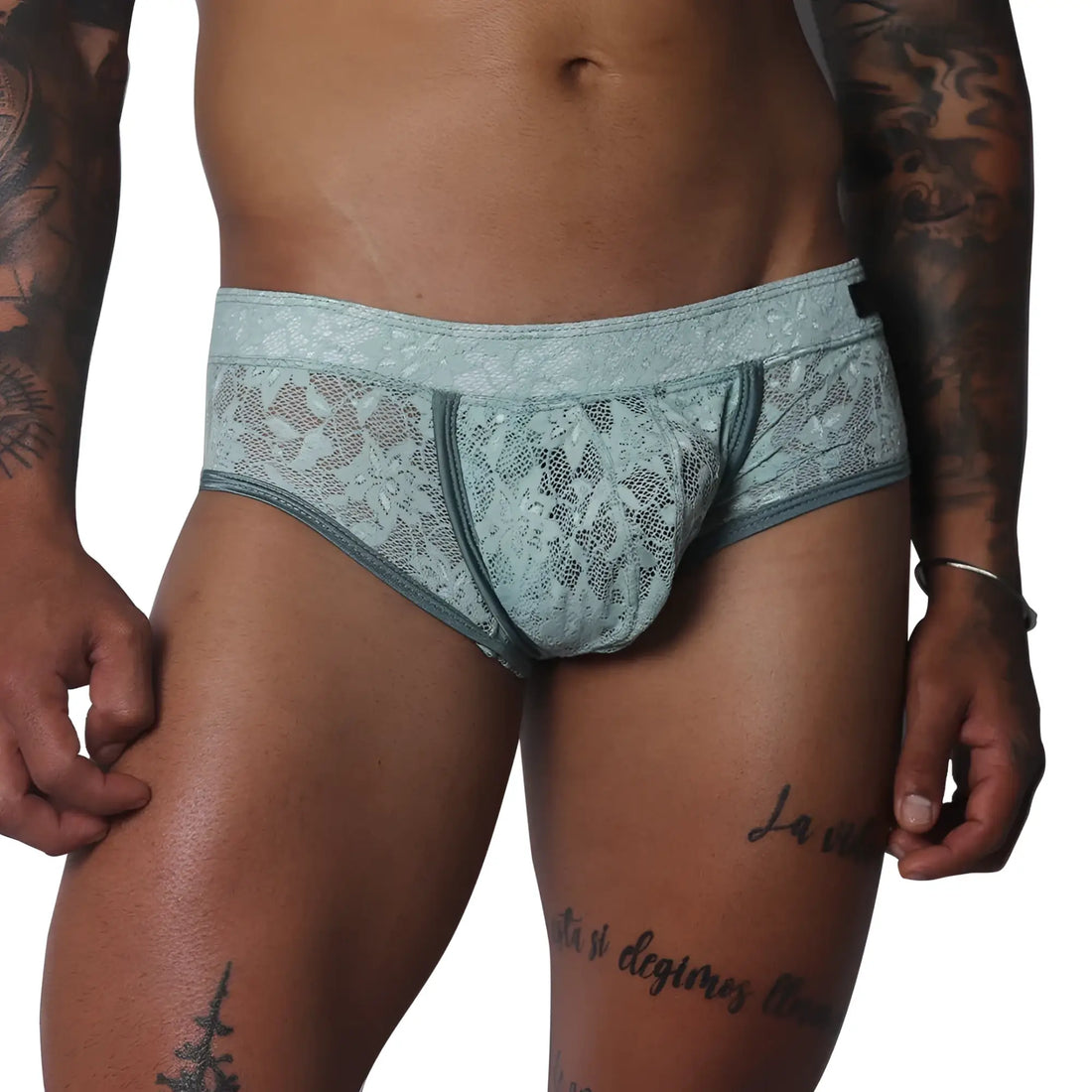 Gigo Prolix aqua trunk in light blue with lace detailing — queer men's underwear for all-day comfort and bold style