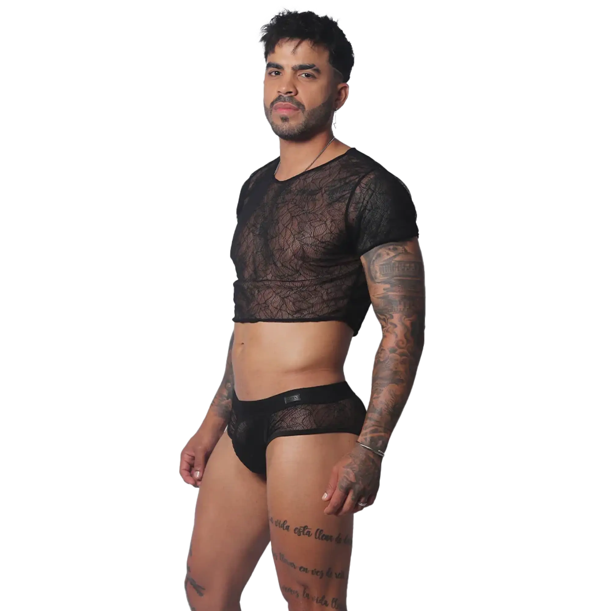 Gigo Prolix black lace sheer mesh crop top — bold queer-inspired men's fashion for expressive wardrobe styling