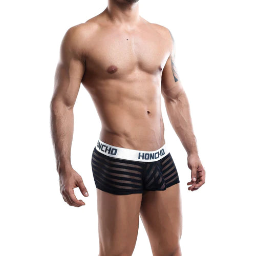 Black and white striped honcho hog008 boxer briefs with a solid black front panel for stylish comfortable wear