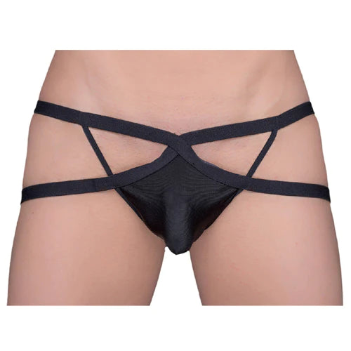 Black satin-like briefs with crisscross straps showcasing the back side design of the tartarus web mesh jockstrap