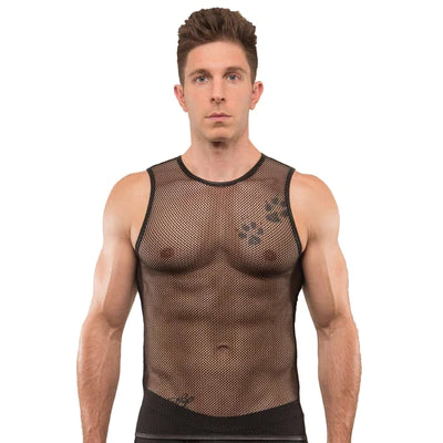 Black mesh tank top with subtle paw print embroidery perfect for pride season summer essentials