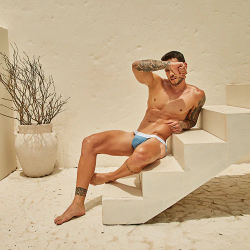 Blue and white intymen INE033 sporty backless jockstrap briefs showing the back side with comfort and style