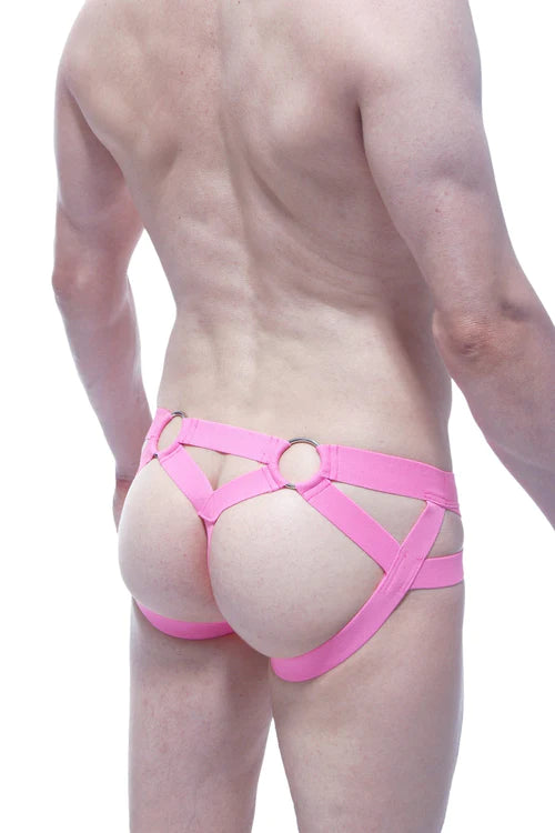 Bright pink strappy harness-style underwear with central ring and crisscross design in PetitQ jockstrap bust style