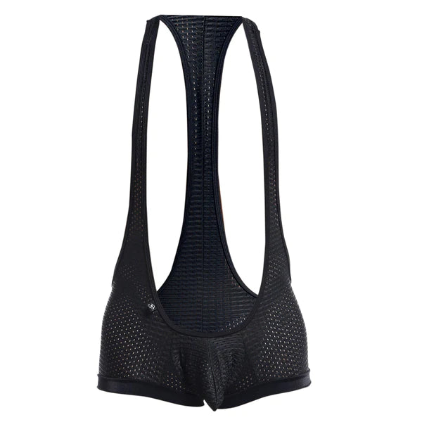 Black perforated mesh cycling bib shorts with supportive back panel and contoured design for active use
