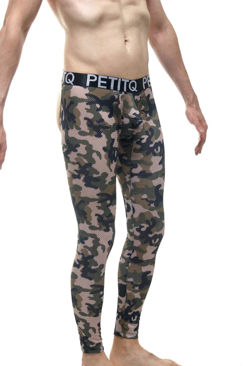 Camouflage-patterned long john leggings with a black petitq waistband for alluring bottomless style.