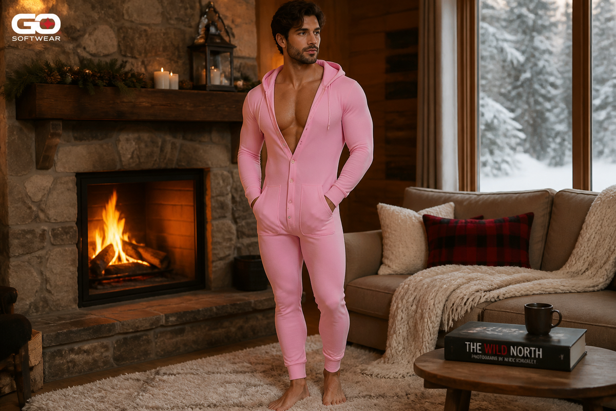 man wearing union suit hoodie by go softwear during Winter in warm cozy living room