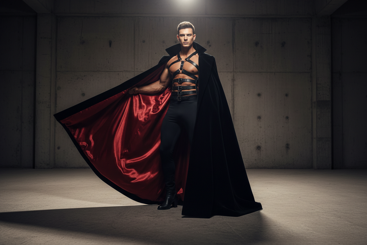Men's Halloween Costumes 2026 — Gothic cape and avant-garde chest strapping editorial look