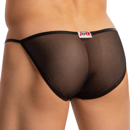 Black sheer mesh Miami Jock MJJ006 bikini briefs with elastic waistband and white jock label showcasing comfort and style