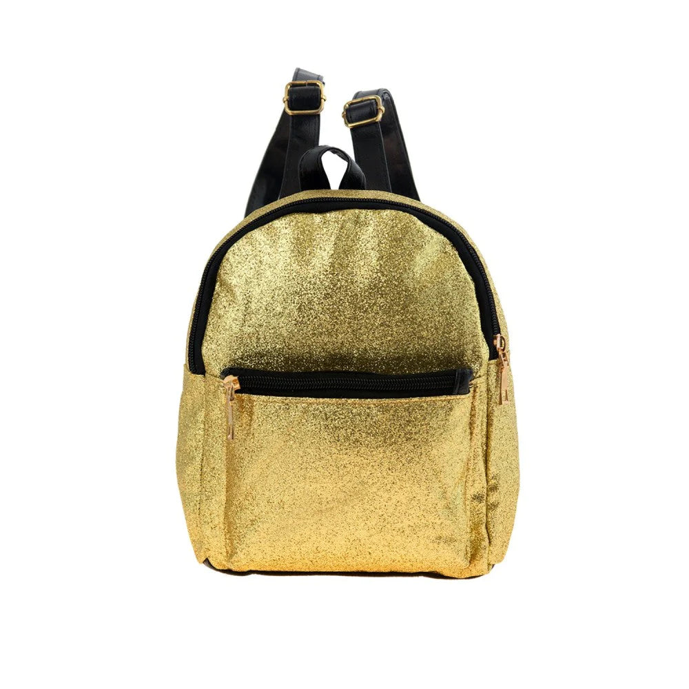 A shimmering gold glitter mini backpack with black zippers and straps in glitter mini back-pack 4 colors available