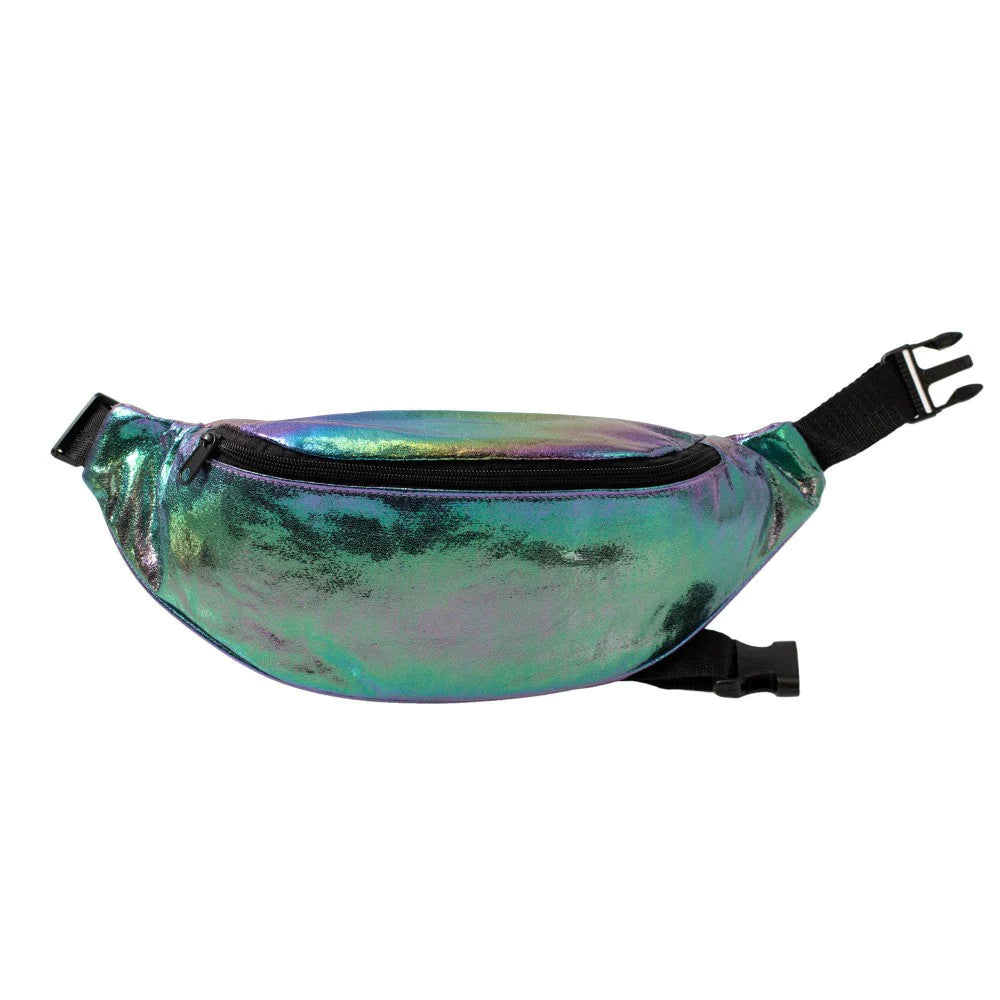 Iridescent green and blue holographic moda west crackle fanny pack with black zipper and adjustable straps