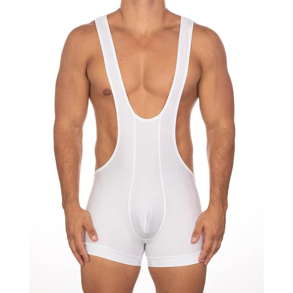 White athletic singlet with wide shoulder straps and deep back cutout for stylish and functional activewear look