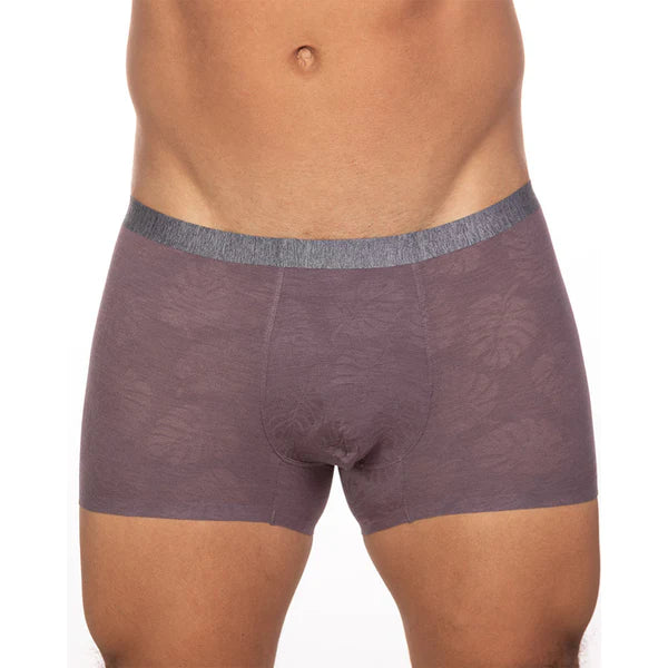 Purple lace-trimmed boxer briefs with sheer textured fabric and gray elastic waistband for luxury and comfort