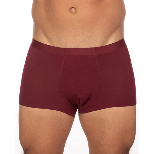 Maroon Andrew Velasco solid trunk boxer briefs with smooth seamless fabric and contoured design for luxury and style