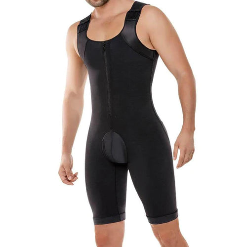 Black form-fitting compression bodysuit with front zipper and padded back panel for sleek silhouette shaping
