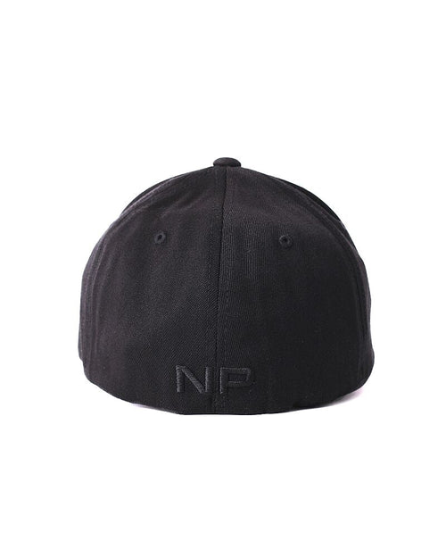 Black nasty pig snout cap showing the back with subtle embroidered np logo on a modern classic baseball cap