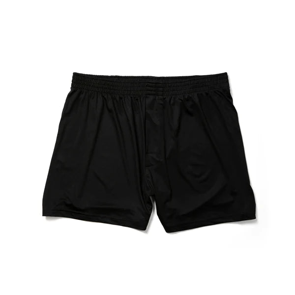 Black satin nylon active boxer shorts with elastic waistband designed for comfortable athletic wear