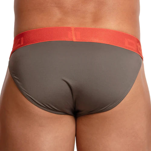 Gray briefs with a red elastic waistband featuring a subtle logo pattern from Otzi OTI019 hombre bikini collection