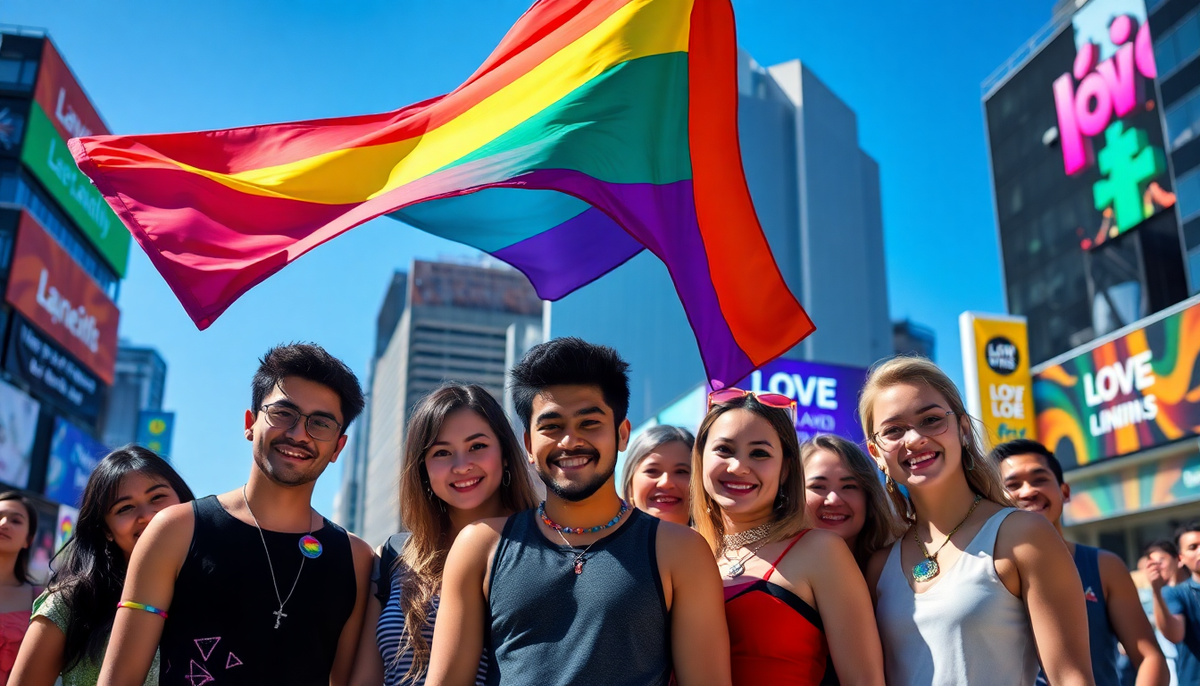 A vibrant rainbow flag with bold red orange yellow green blue and purple stripes billowing in the wind for pride accessories