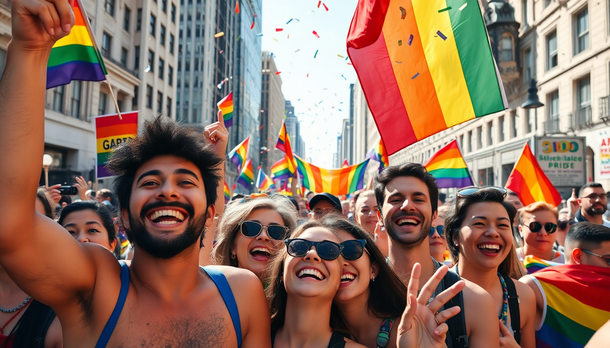 Rainbow-colored flags wave above a joyful crowd at a pride parade celebrating confidence-boosting underwear.
