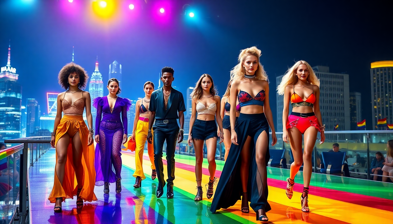 A vibrant rainbow-striped runway with a glossy finish featured in navigating gay fashion from everyday to circuit party wear