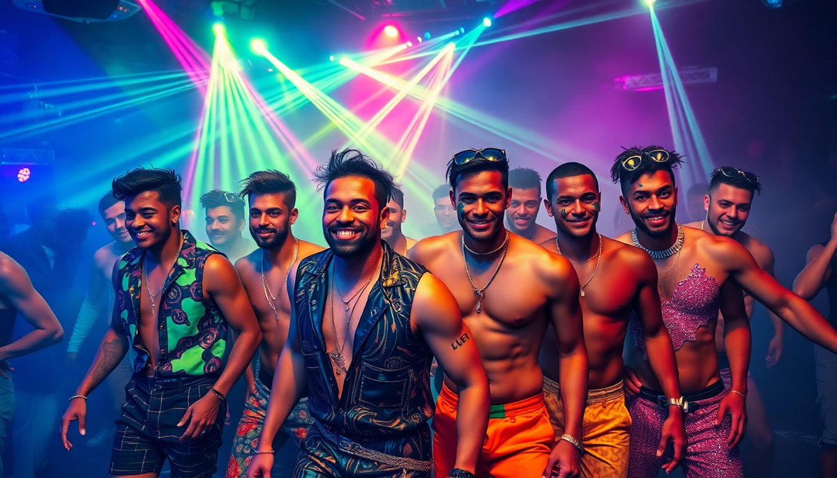 A group of men wearing vibrant patterned outfits pose confidently under colorful club lights for circuit party fashion.
