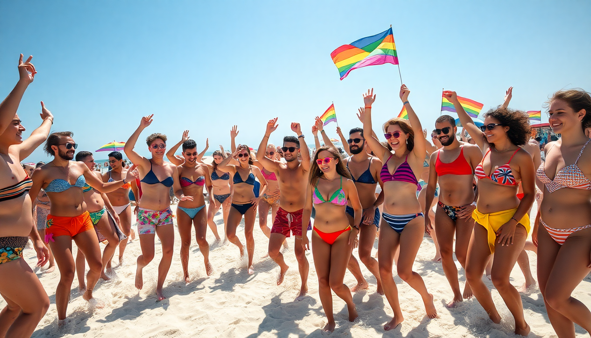 A group of people in colorful bikinis and swim trunks waving rainbow flags on a sunny lgbt beach party