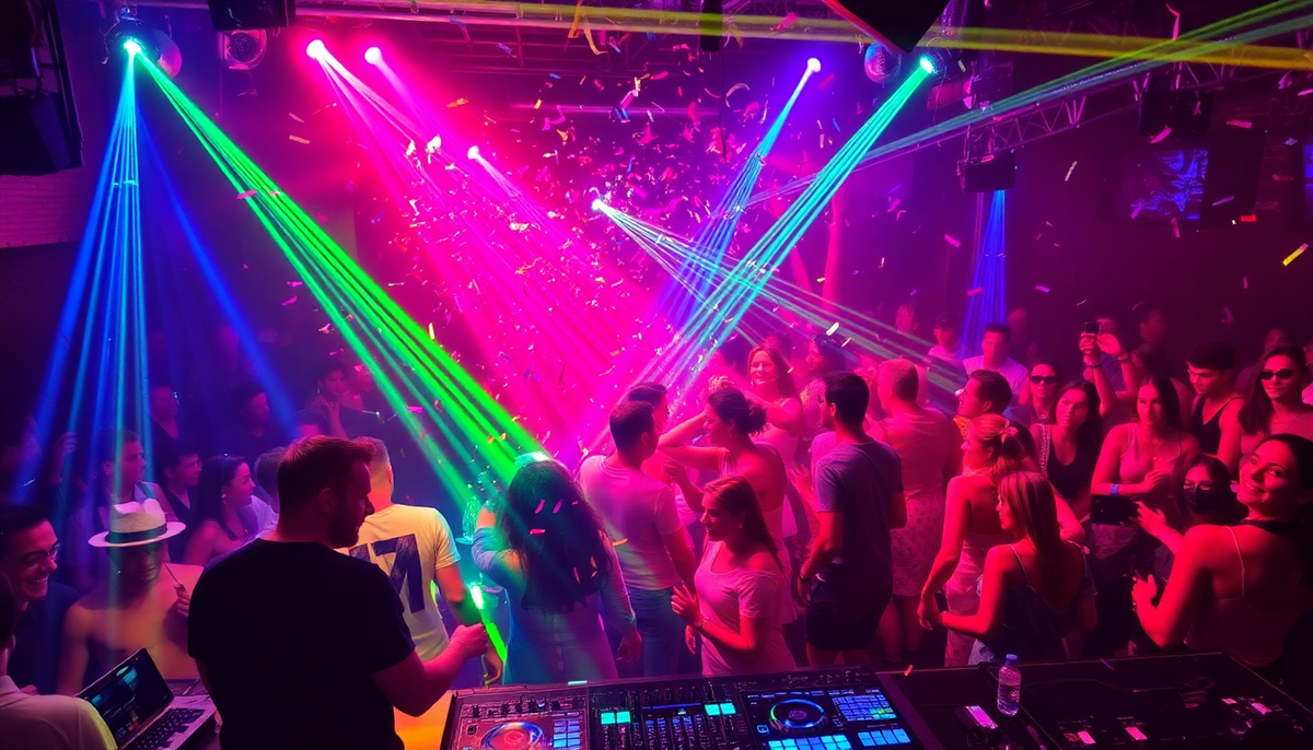 A dj booth with illuminated control panels and a laptop under vibrant laser lights in a crowded nightclub for pride events