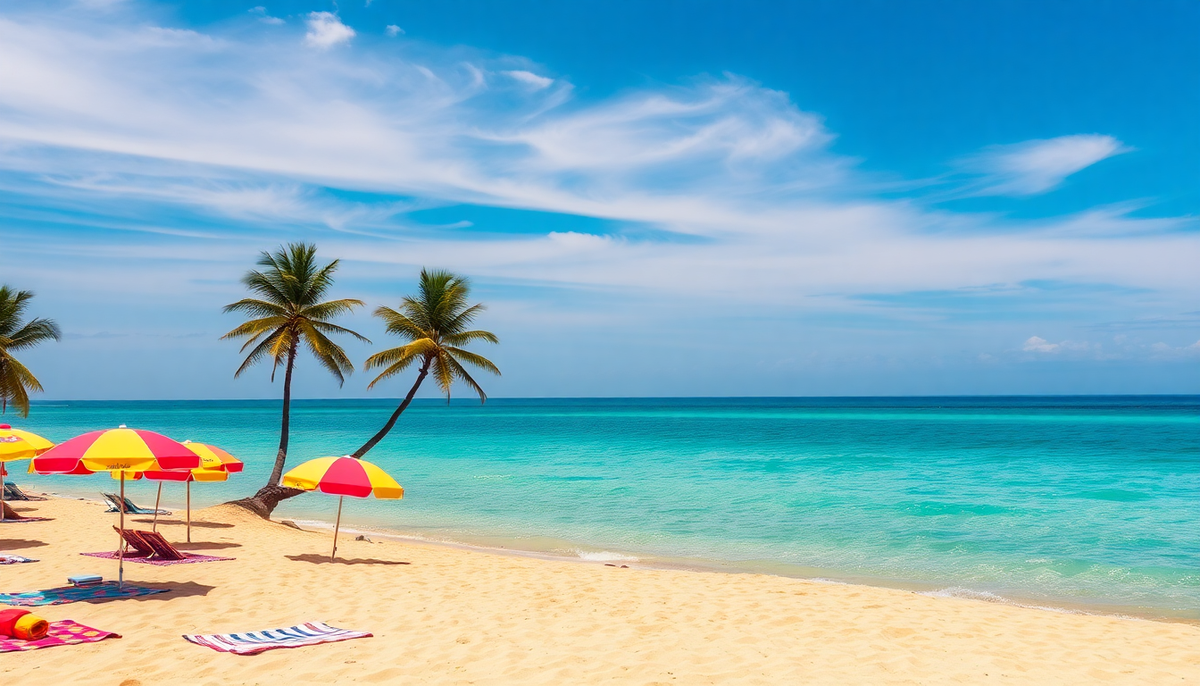 Vibrant red and yellow beach umbrellas on golden sand near turquoise waters perfect for summer beach days