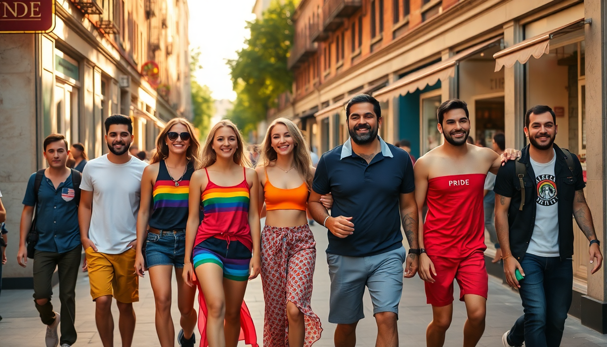 A group of six friends wearing colorful rainbow striped pride tops walking down a sunlit city street in summer attire