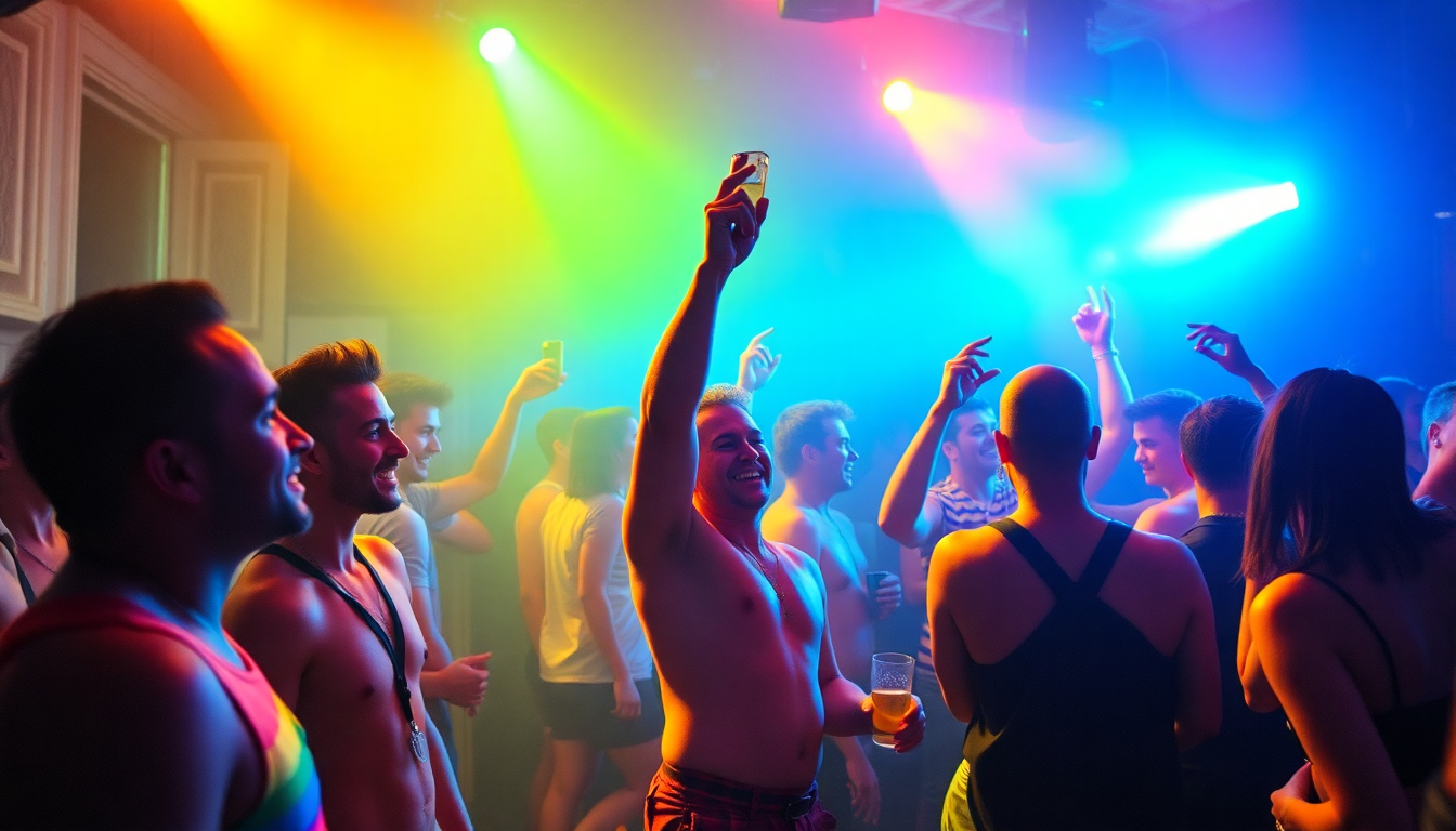 A man wearing a rainbow-colored tank top dances under colorful stage lights at a lively pride and circuit event.