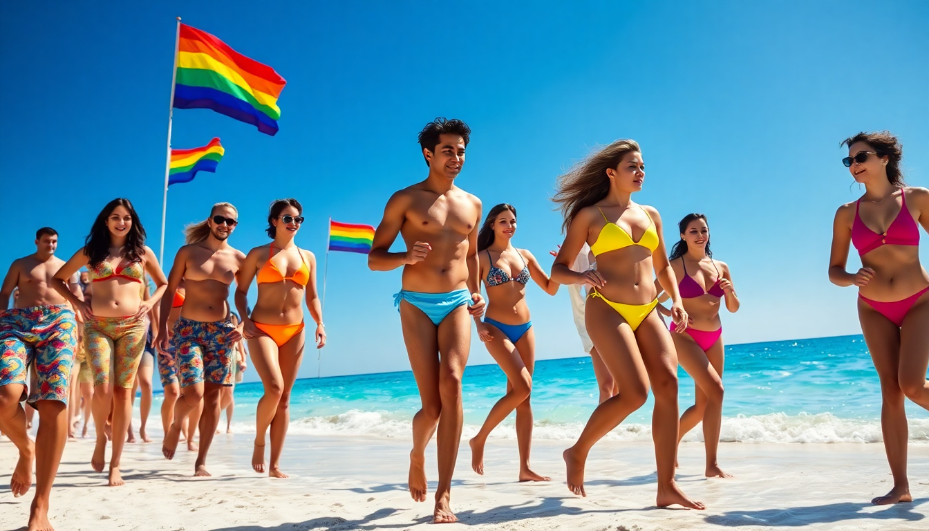 A vibrant group wearing colorful bikinis and swim trunks strolls a sunny beach with fluttering rainbow flags.
