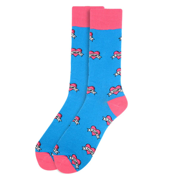 Bright blue love mom socks with pink accents and red heart pattern add fun and style to your outfit
