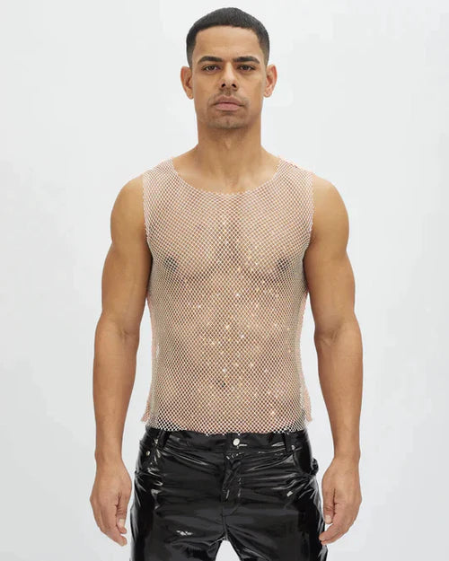 A sheer nude-colored mesh tank top with a subtle glittery finish from Project Claude diamond mesh tank pink collection.