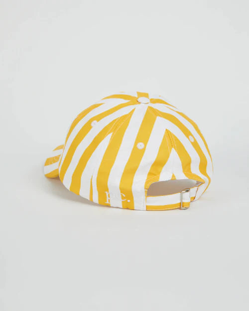 A vibrant yellow and white striped fabric baseball cap with adjustable strap and subtle embroidered branding on the back
