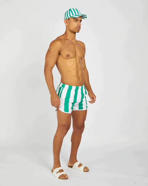 Green and white striped swim trunks from Project Claude classic stripe swim short collection for beachwear and swimming.