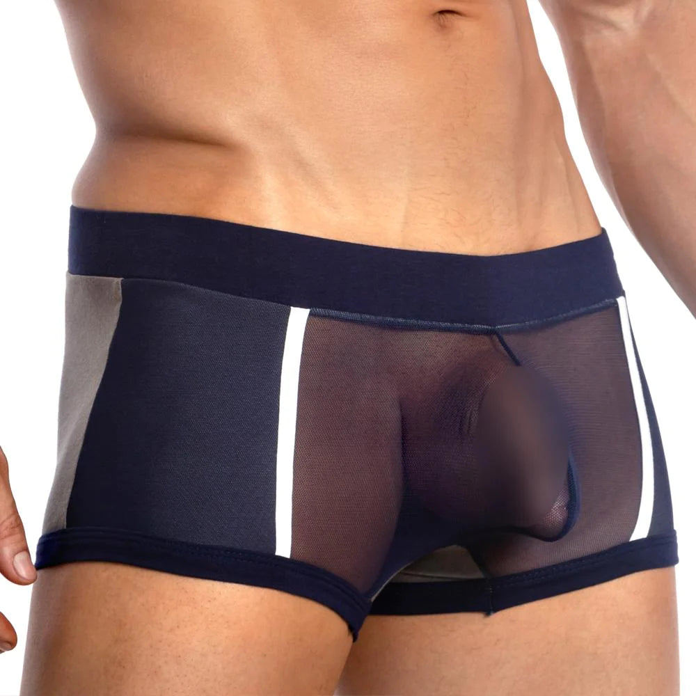 Navy blue and gray mesh boxer briefs with white side stripes from pistol pete ppG029 loris baz trunk for style and comfort