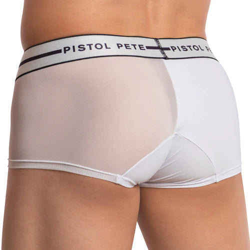 White sheer men’s briefs with black pistol pete branding on the waistband for ultimate comfort and style