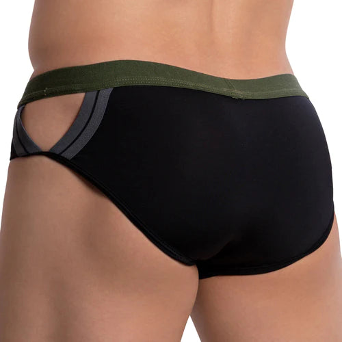 Black pistol pete ppj033 bulge pouch briefs with olive green waistband gray striped side panels for comfort and style
